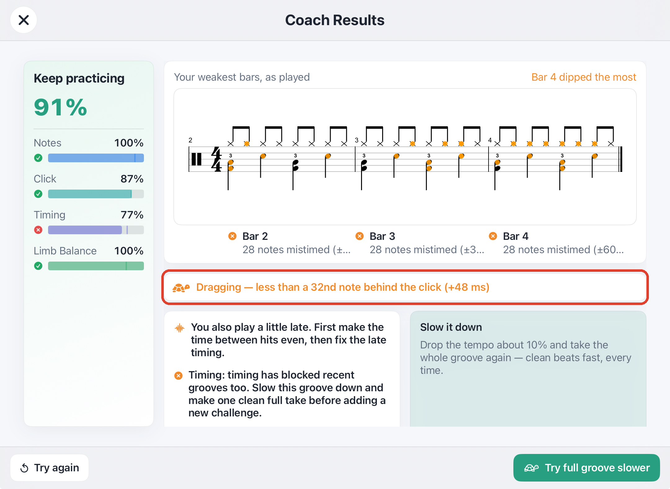 iQuantize Coach Results screen with a dragging verdict: the take landed behind the click