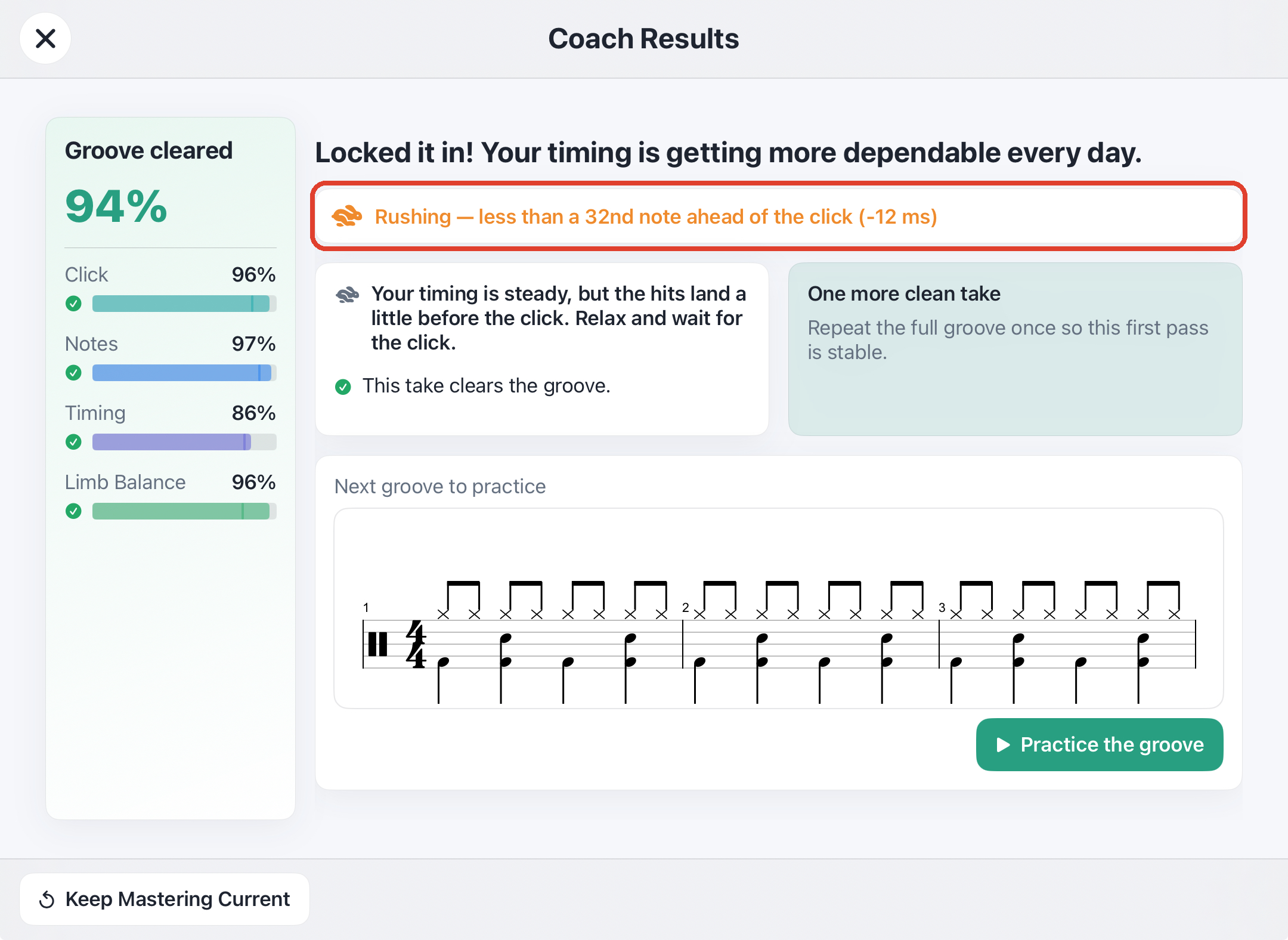 iQuantize Coach Results screen with the verdict “Rushing — less than a 32nd note ahead of the click (-12 ms)”