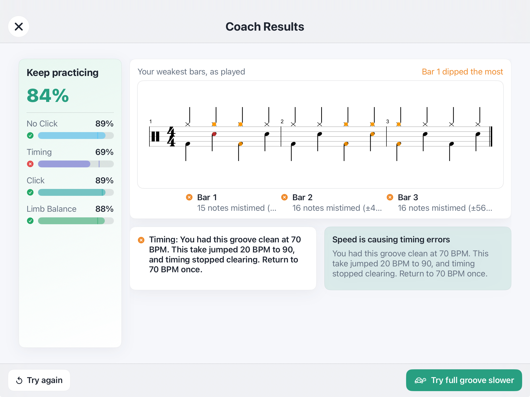 iQuantize Coach Results screen: overall score 84%, per-skill percentages, weakest bars as played, and timing advice
