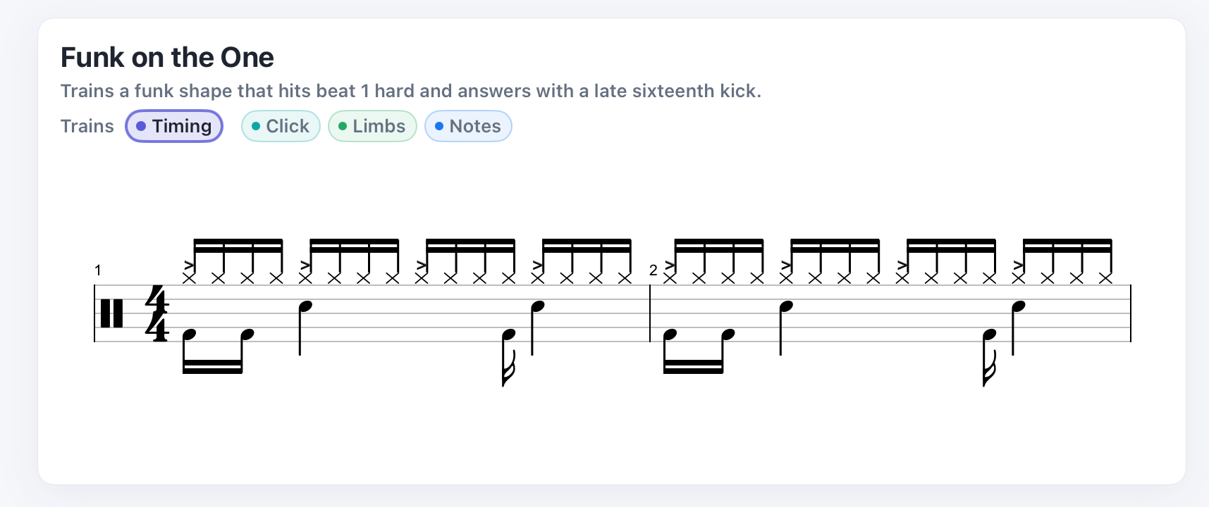 iQuantize groove library at level 3: Funk on the One with notation chart, trained skills tags, and groove cards