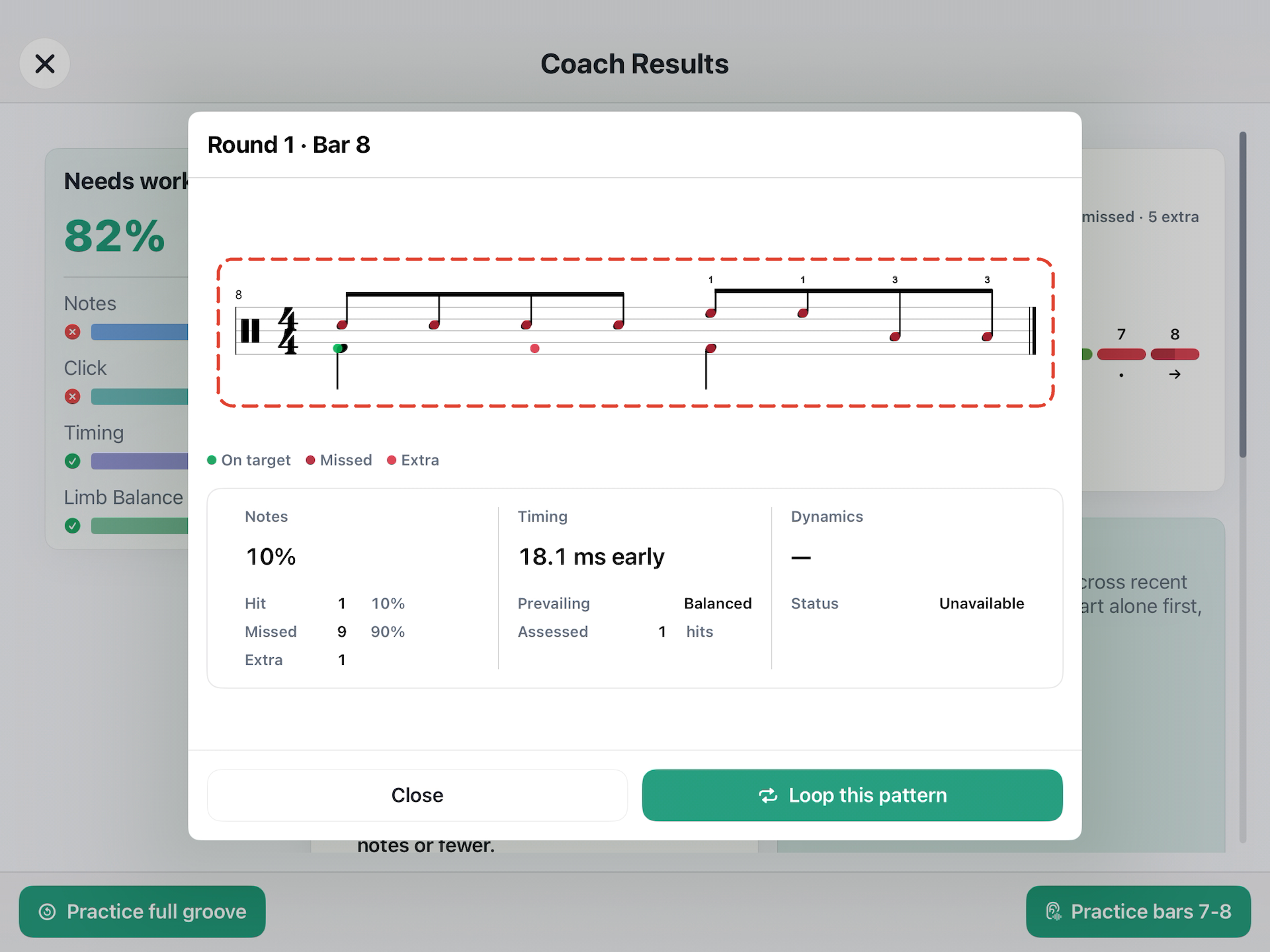 The bar 8 window in iQuantize with the notation outlined: one green note on target, dark red missed notes and a red extra hit