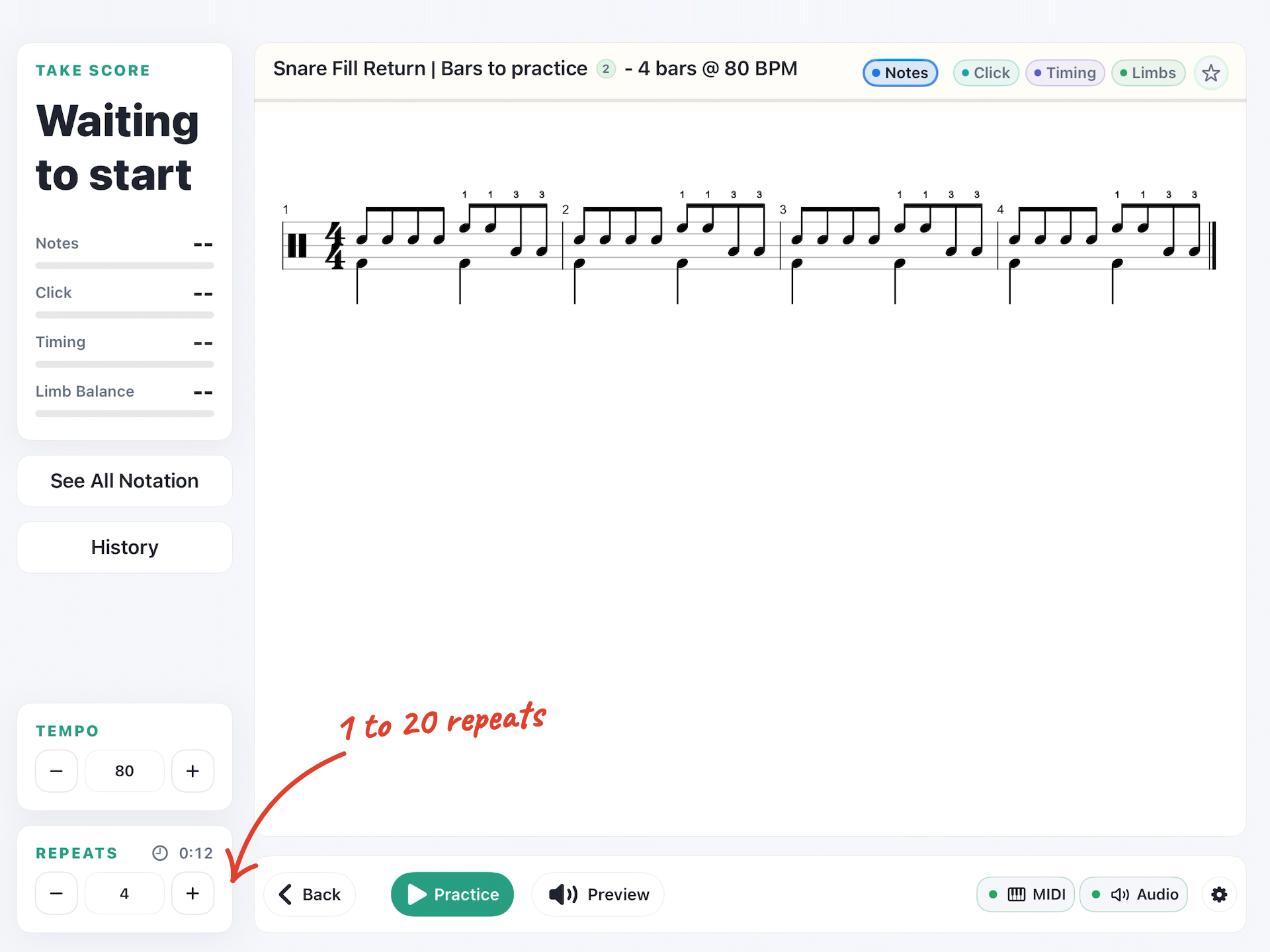 The iQuantize practice screen for one bar played 4 times at 80 BPM, with the Repeats card and the note “1 to 20 repeats”