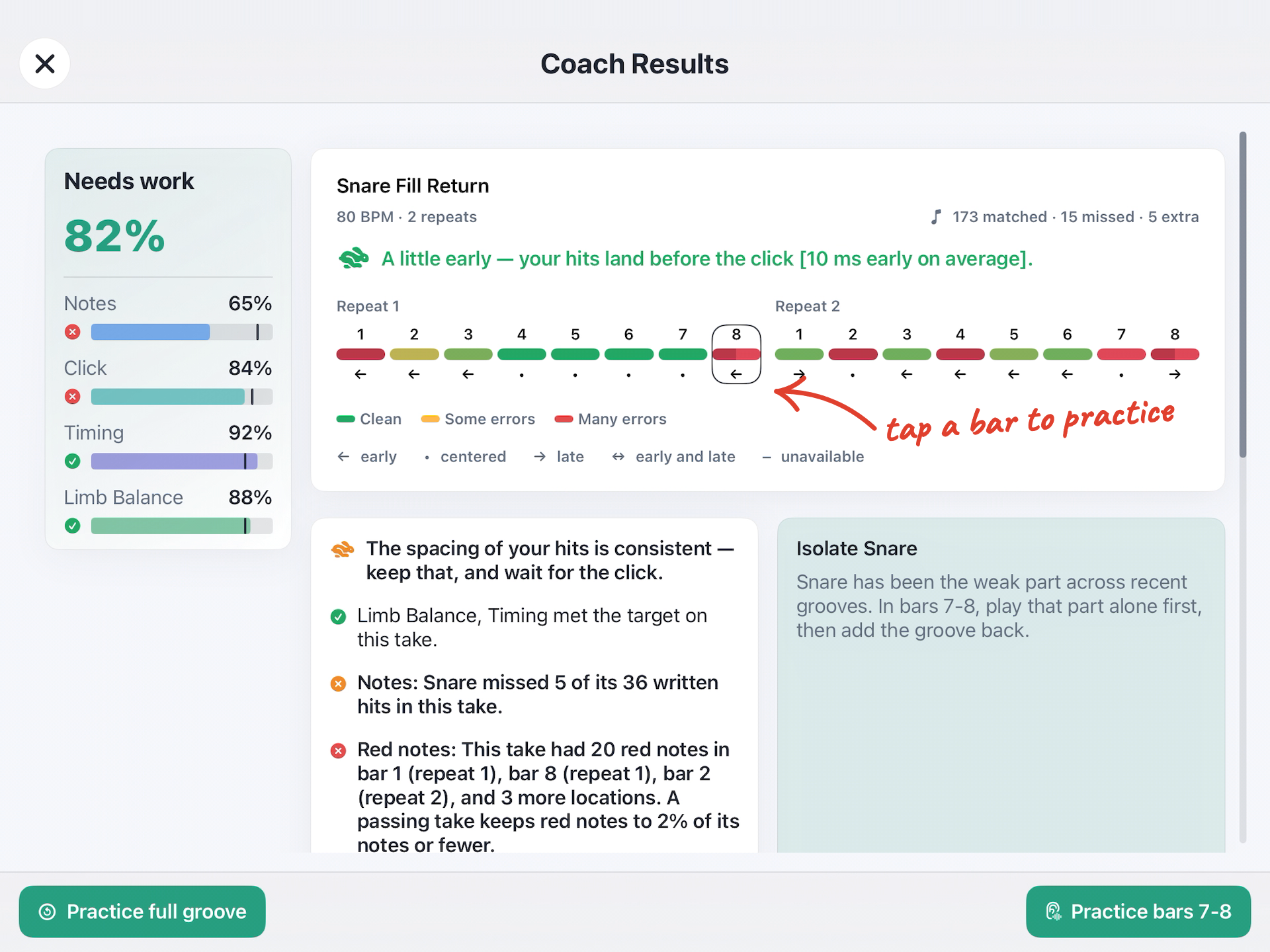 iQuantize Coach Results with a strip of colored bars; bar 8 is selected, with the note “tap a bar to practice”