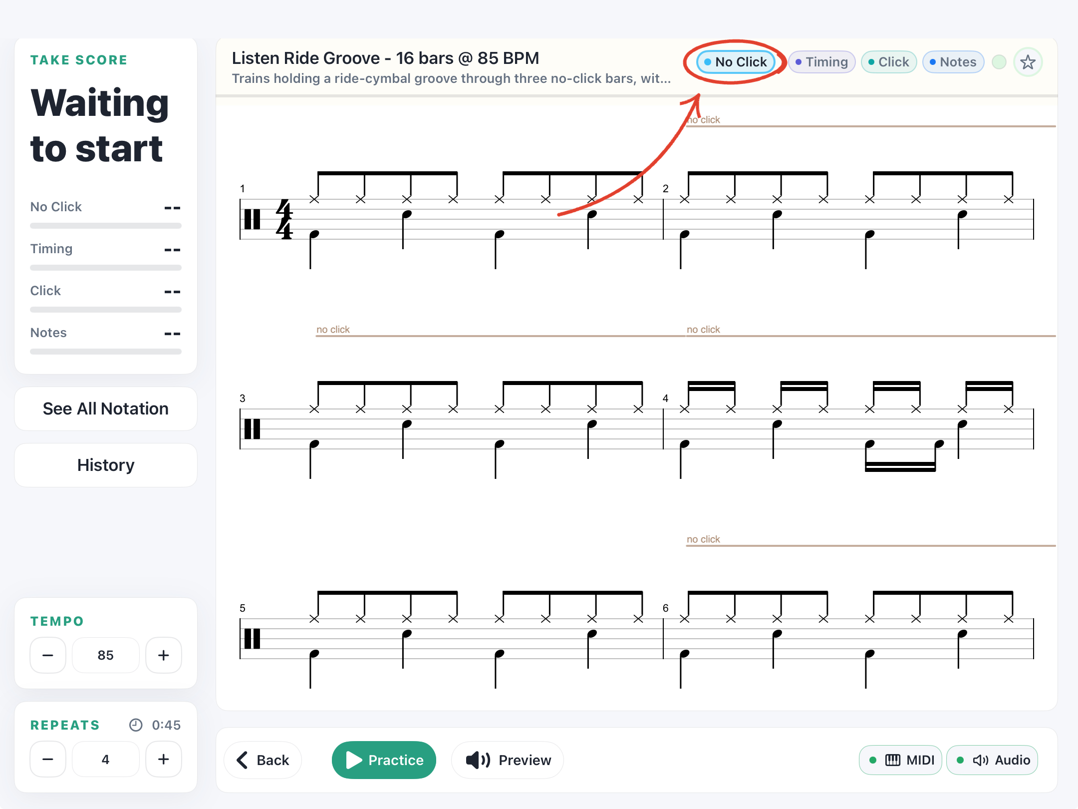 Drum notation in iQuantize with no-click bars marked above the staff: the Listen Ride Groove exercise at 85 BPM, with the No Click skill tag circled