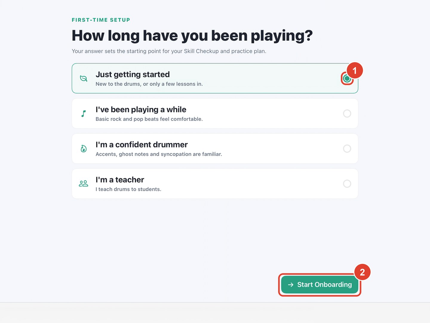 The question “How long have you been playing?” with “Just getting started” selected and Start Onboarding highlighted.