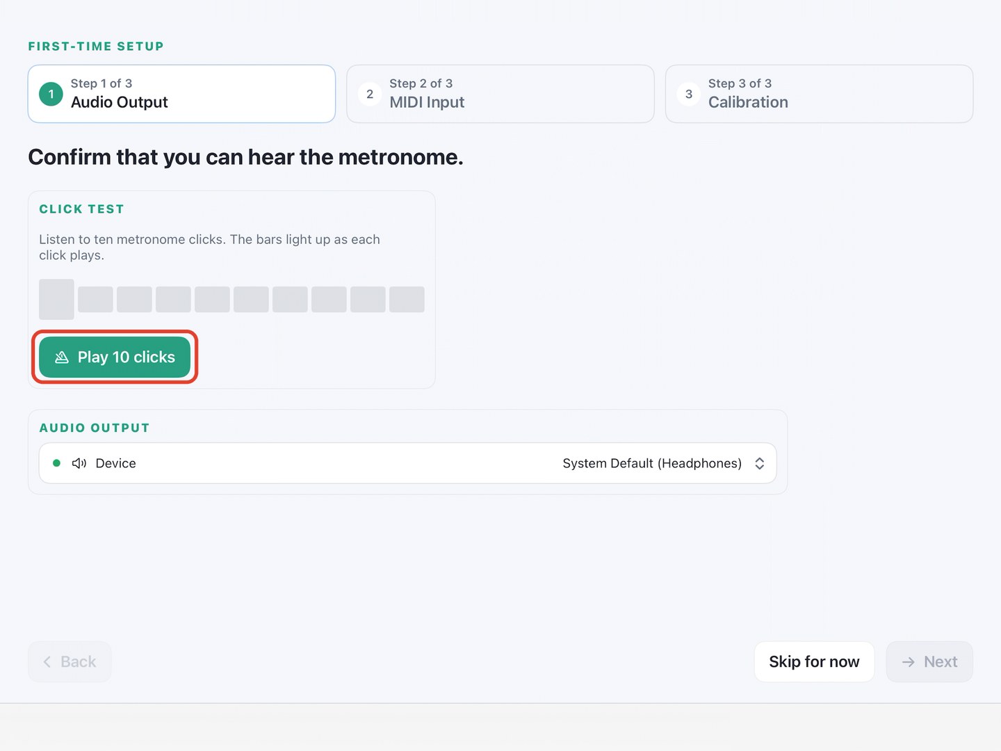 Step 1 of 3, Audio Output, with the Play 10 clicks button highlighted.
