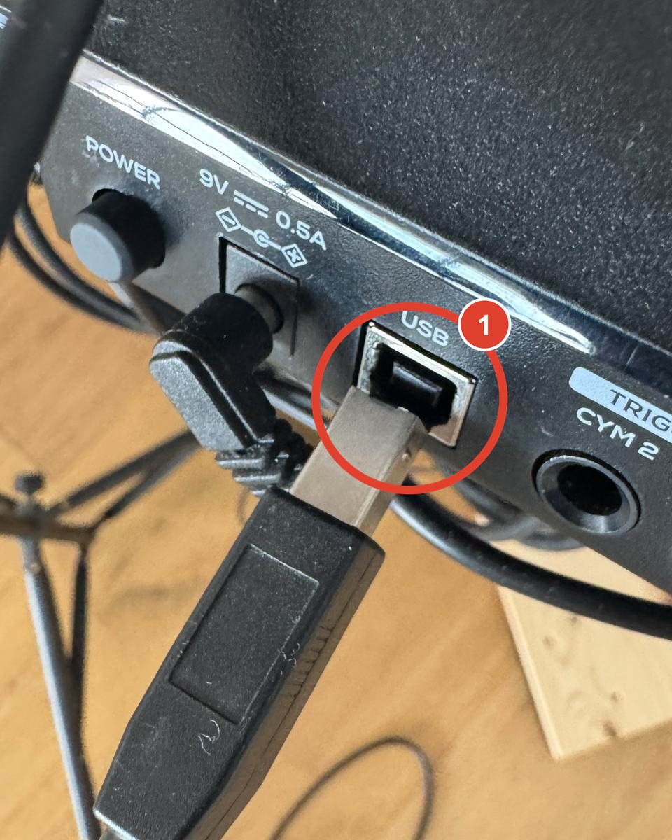 The square USB-B plug inserted into the socket labelled USB on the back of an Alesis drum module.