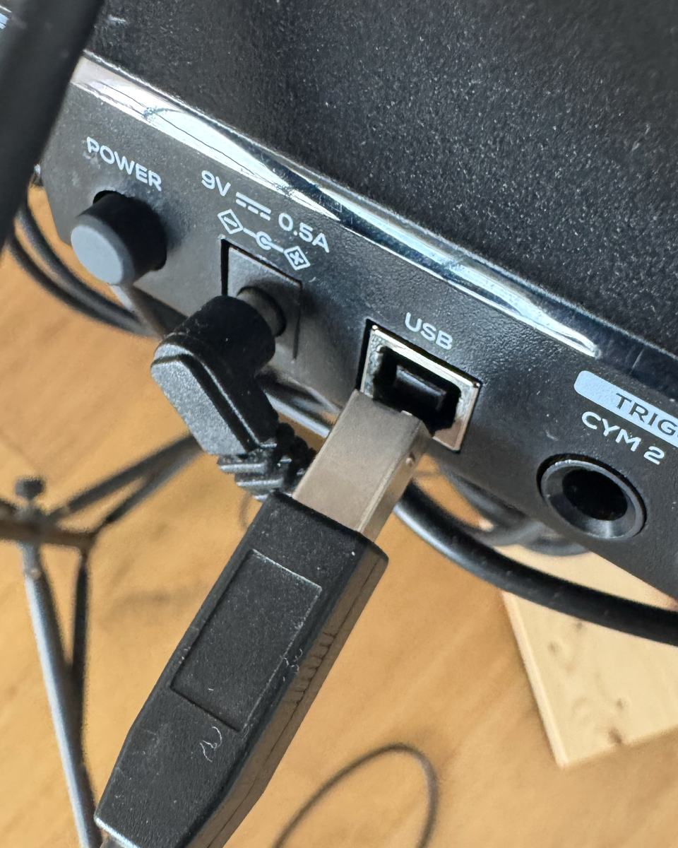 The square USB-B plug inserted into the socket labelled USB on the back of an Alesis drum module.